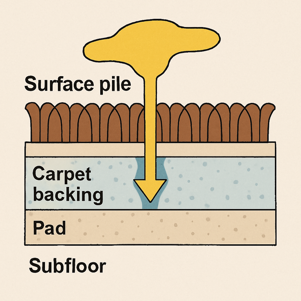 20f22584-0831-4be2-b8ad-8f89b253019a - Carpet Cleaning Sacramento | Carpet Cleaner Sacramento A simple cross-section diagram of a carpet showing the surface pile, the carpet backing, the pad, and the subfloor. An arrow depicts how a liquid spill (urine) soaks through all layers